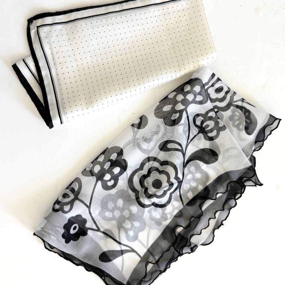 Lot of 2 Women's Scarves Silk/ Polyester White/Black Flower 27"  Polka Dot 19"